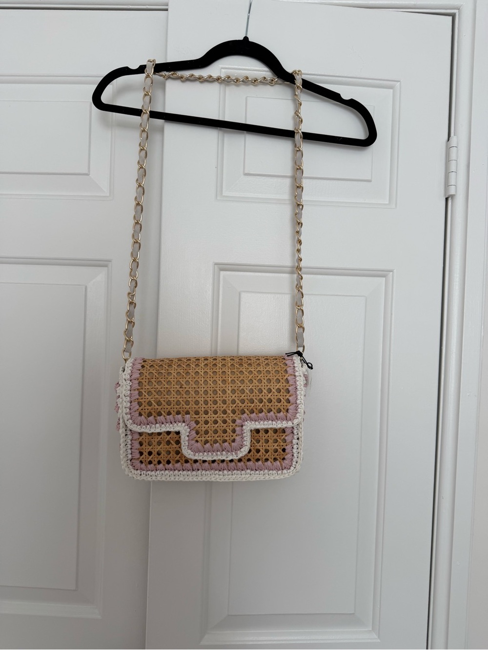 Woven Rattan Crossbody with Pink & Cream Crochet Trim